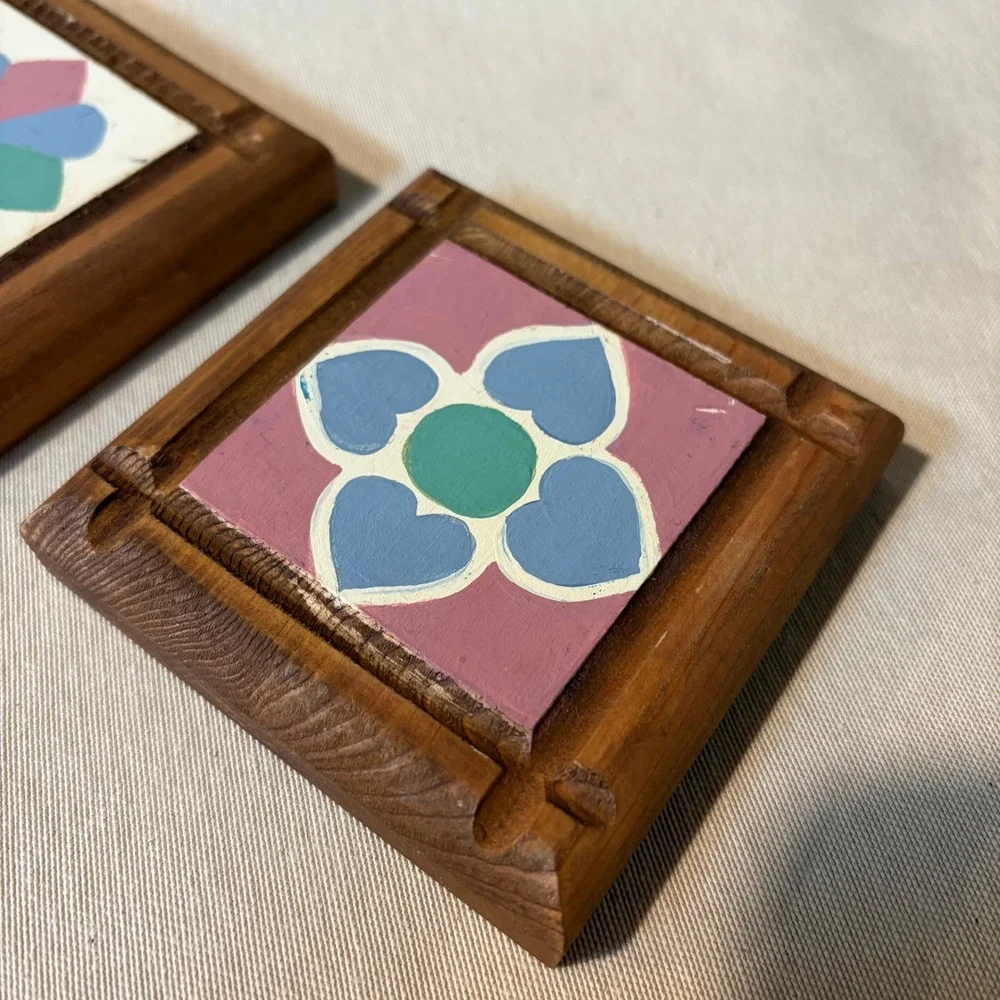 Vintage Hand Painted Wood‎ Floral Wall Art Plaques Set of 2 Folk Art Decor Small